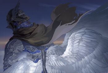 Rule 34 | 1boy, armor, black cape, cape, elden ring, elden ring nightreign, feathered wings, from behind, hashtag-only commentary, helmet, highres, in-universe location, laozjiujiaolaoz, ornate clothes, outdoors, pauldrons, shoulder armor, sky, solo, sunrise, torn clothes, upper body, winged helmet, wings, wylder (elden ring)