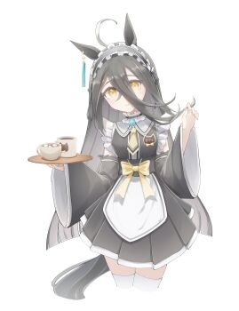 1girl absurdres ahoge animal_ears apron black_dress black_hair black_hairband black_sleeves blush bow breasts closed_mouth coffee coffee_mug collar cup detached_sleeves dress ear_tag earrings frilled_collar frilled_hairband frills hair_between_eyes hairband headband highres holding holding_tray horse_ears horse_girl jewelry long_bangs long_hair long_hair_between_eyes long_sleeves looking_at_viewer manhattan_cafe_(umamusume) mug multicolored_hair re1m1 single_earring small_breasts smile solo sugar_cube tail tea teacup thighhighs tray umamusume very_long_hair waist_apron white_apron white_hair white_thighhighs yellow_bow yellow_eyes