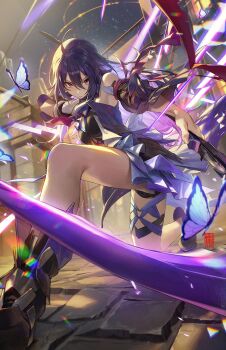 1girl ahoge bare_shoulders bug butterfly daniel_deng highres holding holding_scythe honkai:_star_rail honkai_(series) insect legs long_hair looking_at_viewer on_one_knee perspective purple_hair red_eyes scythe seele_(honkai:_star_rail) solo