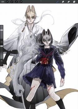 1boy 1girl art_program_in_frame black_serafuku earrings fox_hinako fox_mask fox_mask_(silent_hill) highres holding holding_lead_pipe huli_xiaobai jewelry lead_pipe mask mismatched_arms monster_arm neckerchief red_neckerchief robe school_uniform serafuku shimizu_hinako silent_hill_(series) silent_hill_f tassel tassel_earrings torn_sleeve white_robe