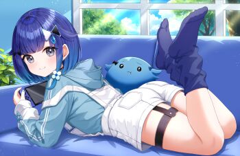 1girl :t absurdres blue_hair blue_hoodie blue_socks closed_mouth controller couch full_body game_controller hair_ornament highres holding holding_controller holding_game_controller hood hoodie indoors long_sleeves looking_at_viewer lying on_couch on_stomach short_hair smile socks solo sunamama4788 the_pose tsumugi_kokage virtual_youtuber vspo! window