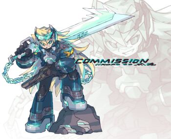 1boy armor blonde_hair blue_armor chain commission dual_wielding full_body green_eyes gun highres holding holding_gun holding_sword holding_weapon iikoao long_hair original scanlines simple_background solo_focus sword weapon white_background zoom_layer