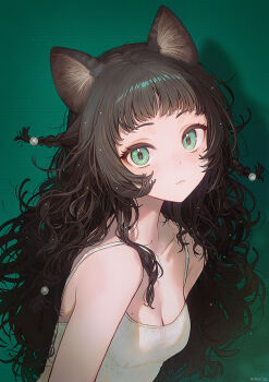 1girl :3 animal_ears blush braid breasts cat_ears cat_girl cleavage commentary green_background green_eyes hair_ornament looking_at_viewer messy_hair mole mole_on_breast mole_under_eye nagu original pearl_hair_ornament tank_top twin_braids untranslatable_commentary upper_body white_tank_top