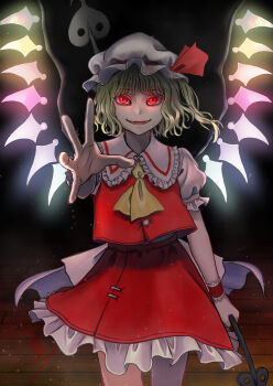 1girl absurdres ascot blonde_hair collared_shirt commentary_request crystal crystal_wings fangs flandre_scarlet frilled_shirt_collar frilled_skirt frills glowing glowing_wings hat hat_ribbon highres holding holding_weapon looking_at_viewer making-of_available matanukisuna mob_cap multicolored_wings one_side_up open_mouth red_eyes red_skirt red_vest ribbon shirt skirt skirt_set smile solo touhou vest weapon white_hat wings yellow_ascot