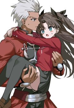 1boy 1girl black_skirt black_thighhighs brown_hair carrying character_request commentary_request copyright_request emiya_shirou fate/stay_night fate_(series) green_eyes grey_hair highres korean_commentary long_hair looking_at_another princess_carry red_shirt shirt short_hair simple_background skirt syst098 thighhighs thighs tohsaka_rin twintails white_background