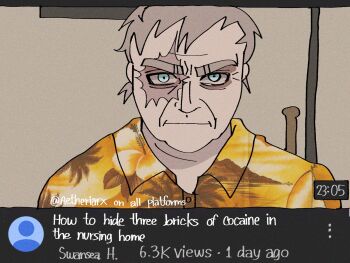 1boy aetheria blue_eyes burn_scar expressionless facing_viewer fake_screenshot fake_video floral_print floral_print_shirt grey_hair hawaiian_shirt hibiscus_print highres looking_at_viewer mouthwashing print_shirt scar shirt simple_background solo swansea_(mouthwashing) user_interface v-shaped_eyebrows watermark yellow_shirt