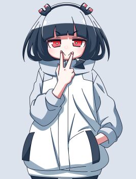 Rule 34 | 1girl, black hair, black hairband, blunt bangs, bright pupils, commentary request, fingersmile, grey background, grey sweater, hairband, hand in pocket, hanya (hanya yashiki), highres, jitomi monoe, magnet, red eyes, simple background, solo, standing, sweater, two-tone sweater, v, v over mouth, virtual youtuber, voms, white pupils, white sweater