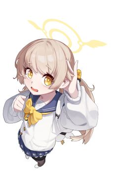 1beombeom 1girl black_pantyhose blonde_hair blue_archive bow bowtie cardigan from_above halo hand_in_own_hair hifumi_(blue_archive) highres looking_at_viewer looking_up low_twintails open_mouth pantyhose twintails white_background white_bag white_cardigan winged_halo yellow_bow yellow_bowtie yellow_eyes yellow_halo