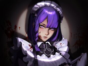 1girl alternate_costume alternate_hairstyle alternate_universe blood blood_on_clothes blood_on_face blood_splatter blood_stain blunt_bangs brown_background closed_mouth collar commentary english_commentary genshin_impact head_tilt highres indoors long_hair maid maid_headdress nierkrim no_mole pink_lips purple_eyes purple_hair raiden_shogun shade single_sidelock solo spotlight upper_body