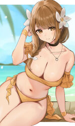 Rule 34 | 1girl, alternate costume, bare arms, bare shoulders, beach, bikini, black choker, breasts, brown eyes, brown hair, choker, closed mouth, collarbone, fire emblem, fire emblem engage, flower, goldmary (fire emblem), hair flower, hair ornament, haru (nakajou-28), highres, jewelry, large breasts, leaning to the side, looking at viewer, mole, mole on breast, navel, nintendo, ocean, off-shoulder bikini, off shoulder, outdoors, pendant, sitting, smile, solo, stomach, swimsuit, thighs, yellow bikini