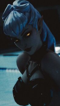 1girl 3d arms_at_sides bare_shoulders black_bra black_choker black_eyeshadow black_lips bra breasts choker closed_mouth cone_hair_bun dark demon_girl evelynn_(league_of_legends) expressionless eyeshadow film_grain glowing glowing_eyes hair_bun head_tilt indoors k/da_(league_of_legends) k/da_all_out_evelynn league_of_legends leather_bra leather_strap long_hair looking_at_viewer makeup mature_female medium_breasts nose o-ring o-ring_top pale_skin pointed_bangs pointy_ears pool shiny_skin slit_pupils solo straight-on straight_hair strap underwear upper_body v-bangs v-shaped_eyebrows white_hair yellow_eyes