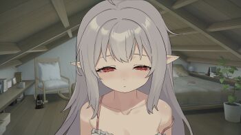 1boy 1girl :< a_simple_life_with_my_unobtrusive_sister ahoge animated animated_gif bare_shoulders bed book bow brother_and_sister chair closed_eyes collarbone commentary_request cup cushion dress drooling eyelashes game_cg grabbing_another's_face grey_bow grey_dress grey_hair half-closed_eyes head_grab highres light_blush long_hair mug niliu_chahui open_mouth original plant pointy_ears potted_plant pov red_eyes rocking_chair siblings sidelocks sleepy solo_focus triangle_mouth upper_body wooden_ceiling wooden_floor