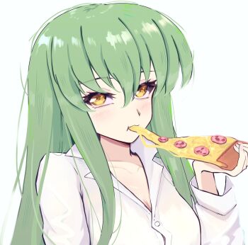 1girl c.c. code_geass food food_in_mouth green_hair hair_between_eyes harechiuten highres holding holding_food holding_pizza long_sleeves looking_at_viewer pepperoni pepperoni_pizza pizza shirt solo white_background white_shirt yellow_eyes