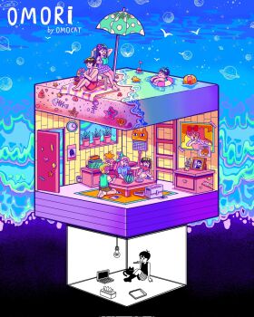 2girls 5boys analog_clock aubrey_(faraway)_(omori) aubrey_(omori) ball basil_(faraway)_(omori) basil_(omori) beach beach_chair beach_towel beach_umbrella beachball big_yellow_cat_(omori) black_hair blonde_hair bread bread_slice brown_hair brown_shorts calendar_(object) cat clock closed_eyes closed_mouth coffee_table colored_skin computer copyright_name corrupted_twitter_file cup drinking flower food food_in_mouth fruit hair_flower hair_ornament hero_(faraway)_(omori) hero_(omori) hicc_12 highres holding holding_cup holding_food innertube isometric kel_(faraway)_(omori) kel_(omori) ladder laptop light_bulb looking_at_another mari_(faraway)_(omori) mari_(omori) mewo multiple_boys multiple_girls omori omori_(omori) one-piece_swimsuit open_mouth photo_(object) pink_hair plant popsicle popsicle_in_mouth potted_plant purple_one-piece_swimsuit rubber_duck seiza short_hair shorts sitting something_(omori) sprout_mole starfish sunny_(omori) sweetheart_(omori) swim_ring swimsuit table teeth tissue tissue_box toast toaster topless_female towel umbrella upper_teeth_only watermelon watermelon_slice white_skin