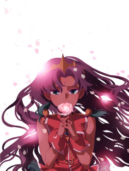 1990s_(style) 1girl ateka bindi crown dark-skinned_female dark_skin female_focus flower green_eyes himemiya_anthy long_hair parted_bangs petals pink_flower pink_rose purple_hair retro_artstyle rose rose_petals shoujo_kakumei_utena solo white_background wrist_cuffs