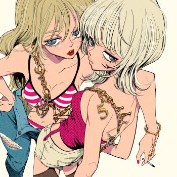 2girls bare_shoulders bikini bikini_under_clothes blonde_hair bracelet breasts chain cigarette collarbone commentary_request denim earrings fishnets_under_jeans from_above from_behind gold_chain gold_necklace grey_eyes hand_on_own_hip highres jeans jellyfish_cut jewelry lipstick long_hair looking_at_viewer makeup medium_breasts mole mole_under_eye money multiple_girls nail_polish navel necklace original pants pink_bikini pink_lips pink_nails pink_tank_top polka_dot red_lips simple_background striped_bikini striped_clothes stud_earrings swimsuit tank_top toned tucked_money white_background white_bikini wolf_cut yatsuki_natsumi