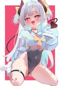 1girl absurdres bandaid bandaid_on_leg black_horns black_one-piece_swimsuit blue_sailor_collar blue_shirt blush border bow bowtie cameltoe center-flap_bangs chinese_commentary choker commentary_request covered_navel crop_top cropped_shirt cross-shaped_pupils demon_girl demon_tail frilled_sailor_collar frills full_body grey_hair hair_bow highres horns long_hair long_sleeves looking_at_viewer no_shoes one-piece_swimsuit open_mouth original outside_border piercing pink_background pink_choker red_eyes sailor_collar seikaseikaruru shirt sitting sleeves_past_fingers sleeves_past_wrists smile socks solo swimsuit symbol-shaped_pupils tail thigh_strap thighs tongue tongue_piercing two_side_up white_border white_socks yellow_bow yellow_bowtie yellow_pupils