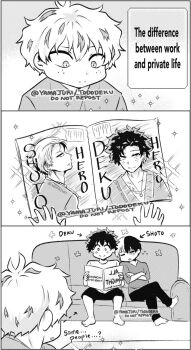 2boys 3koma barefoot boku_no_hero_academia bones_(company) child comic comparison couch father_and_child father_and_son feet formal_clothes freckles legs magazine_(object) married_male midoriya_izuku model model_pose modeling multiple_boys omegaverse pants parent_and_child reading scar shirt shorts shota shounen_jump sitting sleeping smile suit todoroki_shoto yamajuri yaoi
