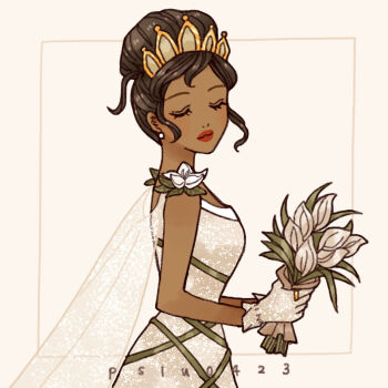 1girl animification blonde_hair closed_eyes closed_mouth dress highres jewelry long_sleeves makeup peilu_(pslu0423) princess red_lips simple_background sleeveless sleeveless_dress smile solo the_princess_and_the_frog_(disney) tiana_(the_princess_and_the_frog) tiara white_dress