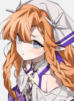 1girl :t bare_shoulders blue_eyes braid commentary dlckrpwjd111 grey_background light_blush long_hair looking_at_viewer orange_hair pointy_ears sigrika_(wuthering_waves) simple_background solo upper_body veil wuthering_waves