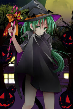 1girl bat_hat_ornament black_cape black_tail candy candy_cane cape commentary_request fake_tail food green_eyes green_hair hat hibiki_mio higurashi_no_naku_koro_ni holding holding_candy holding_candy_cane holding_food jack-o'-lantern long_hair looking_at_viewer moon ponytail smile sonozaki_mion tail tree witch_hat