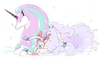 Rule 34 | alolan form, alolan ninetales, alternate color, aqua hair, closed eyes, closed mouth, commentary, english commentary, fox, galarian form, galarian rapidash, gen 6 pokemon, gen 7 pokemon, gen 8 pokemon, gotchibam, happy, horns, lying, multicolored hair, musical note, nintendo, no humans, pink hair, pokemon, pokemon (creature), shiny pokemon, simple background, single horn, smile, snow, sparkle, sylveon, two-tone hair, unicorn, white background