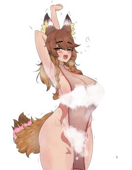 Rule 34 | 1girl, absurdres, animal ears, arm behind head, armpits, arms up, body markings, braid, breasts, brown eyes, brown hair, cleft of venus, commentary, commission, convenient censoring, covered erect nipples, cowboy shot, dress, english commentary, fox ears, fox girl, fox tail, highres, large breasts, long hair, looking at viewer, mayoa, open mouth, original, paid reward available, pelvic curtain, pussy, see-through clothes, see-through dress, sideless dress, simple background, solo, steam, steam censor, steaming body, stretching, swept bangs, tail, twin braids, white background