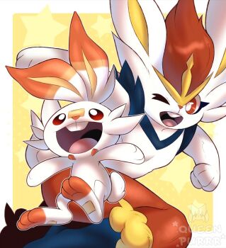 2others animal_feet animal_hands animal_nose arm_up arms_up blue_fur body_fur border bright_pupils buck_teeth cinderace clenched_hand feet full_body furry gen_8_pokemon happy jumping looking_afar multicolored_fur multiple_others nintendo one_eye_closed open_mouth orange_fur other_focus outline outside_border pokemon pokemon_(creature) queen_purrr rabbit_ears rabbit_tail red_eyes red_fur red_hair scorbunny short_hair short_tail smile soles standing star_(symbol) star_symbol_background tail teeth two-tone_fur white_border white_fur white_outline white_pupils yellow_background yellow_fur