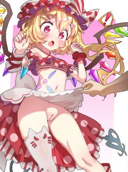 1boy 1girl apron apron_lift asymmetrical_legwear blonde_hair bow clothes_lift cowboy_shot crystal crystal_wings fingernails flandre_scarlet hat heart_ribbon internet_survivor laevatein_(tail) leepicmochi loli long_fingernails medium_hair midriff mob_cap multicolored_bow multicolored_wings nail_polish navel no_panties nude_filter open_mouth polka_dot polka_dot_skirt polpol pussy red_eyes red_nails side_ponytail skirt stomach stomach_tattoo surprised sweatdrop tail tattoo thighhighs third-party_edit touhou uncensored unepicroachy waist_apron white_apron white_headwear white_thighhighs wings wristband