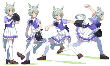 1girl animal_ears baseball baseball_glove blue_eyes bow bowtie breasts brown_footwear clenched_teeth closed_mouth full_body grey_hair hair_ornament hairclip high_heels highres horse_ears horse_girl horse_tail looking_afar motion_blur multiple_views nishiki_kazue open_mouth pitching purple_shirt sailor_collar school_uniform seiun_sky_(umamusume) sequential shadow shirt shoes short_hair short_sleeves skirt small_breasts smile standing tail teeth thighhighs tracen_school_uniform umamusume v-shaped_eyebrows white_skirt white_thighhighs
