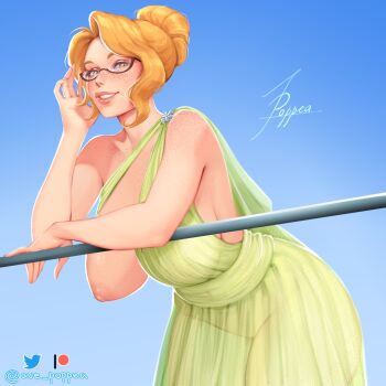 1girl absurdres arm_up ave_poppea bare_shoulders blonde_hair blue_background body_freckles borrowed_character breasts brown_eyes chest_freckles cowboy_shot dress freckles glasses gradient_background green_dress hair_bun hand_on_own_face highres large_breasts leaning_forward legs lips long_hair mature_female nipples no_bra nose one_breast_out original outdoors parted_hair pinup_(style) see-through_clothes see-through_dress semi-rimless_eyewear shoulder_freckles simple_background smile teeth thighs