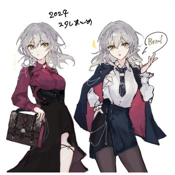 Rule 34 | 1girl, :o, alternate costume, arm at side, bag, black choker, black jacket, black necktie, black pantyhose, black skirt, brown bag, casual, character name, choker, commentary request, contrapposto, cosplay, cowboy shot, dress, english text, expressionless, fashion, floating hair, frilled dress, frills, grey hair, hand on own hip, hand up, highres, holding, holding bag, honkai: star rail, honkai (series), jacket, jacket on shoulders, kafka (honkai: star rail), kafka (honkai: star rail) (cosplay), kafka (impression) (honkai: star rail), long sleeves, looking at viewer, medium hair, multiple views, necktie, nonoko (nocnnc 0228), pantyhose, parted lips, purple shirt, shirt, simple background, skirt, speech bubble, stelle (honkai: star rail), trailblazer (honkai: star rail), translation request, yellow eyes