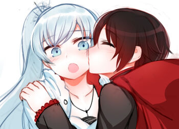 2girls black_hair blue_eyes cape eyes_visible_through_hair hair_between_eyes highres jewelry kiss kissing_cheek long_hair multiple_girls ndgd necklace ponytail ruby_rose rwby scar scar_across_eye scar_on_face short_hair simple_background surprised weiss_schnee white_background white_hair yuri