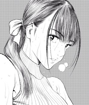 1girl armpit_crease breasts breath commentary_request greyscale hair_over_one_eye highres lee_(dragon_garou) lips long_bangs medium_breasts monochrome original parted_lips ponytail portrait profile ribbed_shirt shirt sideburns sleeveless sleeveless_turtleneck solo sweat turtleneck