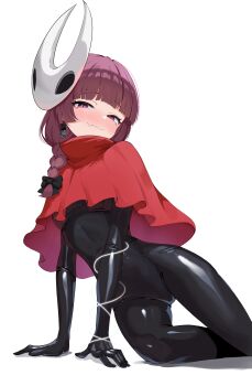 1girl absurdres agm blush bocchi_the_rock! braid breasts cloak commentary cosplay fang fang_out highres hiroi_kikuri hollow_knight hollow_knight:_silksong horned_mask hornet_(hollow_knight) hornet_(hollow_knight)_(cosplay) long_hair looking_at_viewer mask mask_on_head purple_eyes purple_hair red_cloak simple_background skin_fang smile solo string white_background white_mask