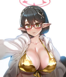 Rule 34 | 1girl, absurdres, alternate breast size, alternate costume, ayane (blue archive), bikini, black hair, blue archive, bow (bhp), braid, breasts, collarbone, glasses, gold bikini, hair ornament, halo, highres, large breasts, long sleeves, looking at viewer, open clothes, open shirt, red-framed eyewear, red halo, selfie, shirt, short hair, simple background, smile, solo, swimsuit, upper body, white background, white shirt