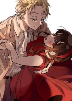 Rule 34 | 1boy, 1girl, ascot, belt, black belt, black hair, blonde hair, blush, breasts, brown jacket, closed mouth, commentary request, couple, cowboy shot, curtained hair, dancing, dated, dress, face-to-face, formal clothes, green eyes, hairband, hand on another's back, hetero, highres, holding hands, husband and wife, jacket, medium breasts, nape braid, open clothes, open jacket, open mouth, peanuts omr, red dress, red eyes, red hairband, shirt, short hair, sidelocks, signature, simple background, sleeveless, sleeveless dress, smile, spy x family, suit jacket, translation request, twilight (spy x family), very short hair, white ascot, white background, white shirt, yor briar