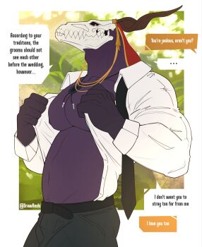 1boy absurdres artist_name bara bare_pectorals black_pants commentary drawreshi elias_ainsworth english_commentary english_text highres horns mahou_tsukai_no_yome male_focus muscular muscular_male navel necktie nipples open_clothes open_shirt pants pectorals shirt skull speech_bubble twitter_username undone_necktie white_shirt