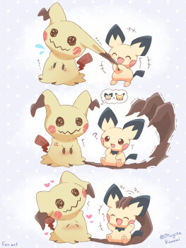 ? anger_vein blush claws closed_eyes commentary_request drawn_eyes flying_sweatdrops gen_2_pokemon gen_7_pokemon headpat heart highres mimikyu mugita_konomi nintendo no_humans open_mouth pichu pokemon pokemon_(creature) pokemon_focus pulling sitting smile solid_oval_eyes tail