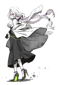 1girl ahoge bare_shoulders braid breasts curry_bowl delutaya dress full_body high_heels highres indie_virtual_youtuber large_breasts long_hair monochrome multicolored_hair purple_hair simple_background solo spot_color streaked_hair twin_braids white_background