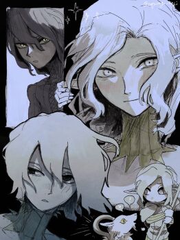 ! 1boy ? absurdres black_eyes blush braid cloak dungeon_meshi elf goat goat_(dungeon_meshi) grey_eyes grey_hair half_up_braid high_collar highres hood hooded_cloak looking_at_viewer male_focus medium_hair mithrun mithrun_(young) multiple_views muted_color pachix2_corgi pointy_ears shirt spoken_exclamation_mark spoken_question_mark uneven_eyes wavy_hair yellow_eyes