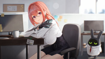 1girl absurdres bangboo_(zenless_zone_zero) black_gloves black_skirt breasts chair closed_mouth commentary computer cowboy_shot cup desk disposable_coffee_cup disposable_cup dress_shirt earrings glasses gloves hair_between_eyes hashtag-only_commentary high-waist_skirt highres holding holding_cup indoors jewelry large_breasts long_sleeves looking_at_viewer matmaj monitor necktie on_chair pencil_skirt pink_hair purple_eyes red_necktie shirt sidelocks sitting skirt smile solo tsukishiro_yanagi white_shirt zenless_zone_zero