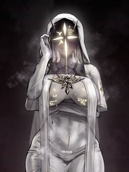 1girl arm_under_breasts black_veil bodysuit breast_curtains breasts framed_breasts goddess_of_victory:_nikke highres impossible_clothes large_breasts li_han long_hair looking_at_viewer smile solo taut_clothes tight_clothes v.t.c._priestess_(nikke) veil white_hair