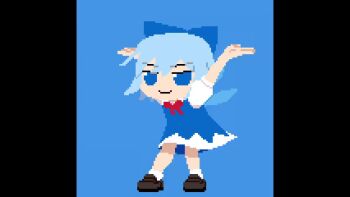 >:) 1girl :3 animated audible_music avolicis black_shoes blue_background blue_dress blue_eyes blue_hair blue_ribbon cirno cirno_day closed_eyes closed_mouth dancing dancing_arona_(meme) dress eyebrows_hidden_by_hair fairy fairy_wings hair_ribbon ice ice_wings looking_to_the_side neck_ribbon pixel_art red_ribbon ribbon shoes short_hair simple_background smile socks solo sound tagme touhou video white_socks wings
