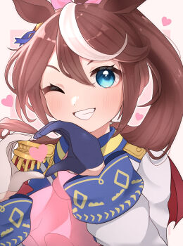 1girl absurdres animal_ears ascot asymmetrical_gloves blue_eyes blue_gloves blush border bow brown_hair buttons cape double-breasted ear_ribbon epaulettes gloves grin heart heart_hands high_ponytail highres horse_ears horse_girl jacket kurumiya_(krmy_p) long_hair long_sleeves looking_at_viewer mismatched_gloves multicolored_hair multicolored_jacket one_eye_closed open_mouth pink_ascot pink_background ponytail red_cape single_epaulette smile solo streaked_hair teeth tokai_teio_(peak_joy)_(umamusume) tokai_teio_(umamusume) two-tone_hair two-tone_jacket umamusume upper_body white_border white_gloves white_hair white_jacket