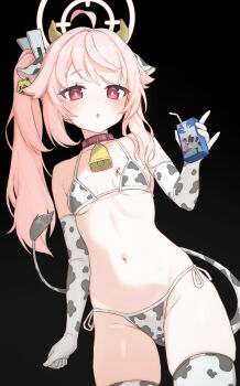 1girl :o absurdres animal_collar animal_ears animal_print bell bikini black_background blue_archive blush body_writing breasts collar collarbone commentary contrapposto cow_ears cow_horns cow_print cow_print_bikini cow_print_gloves cow_print_thighhighs cow_tail cowbell cowboy_shot dot_nose drinking_straw elbow_gloves fake_animal_ears fake_horns fake_tail gloves hair_over_shoulder halo hand_up hashtag-only_commentary highres holding holding_milk_carton horns loli long_hair looking_at_viewer milk_carton moyashi_dorobou natsu_(blue_archive) navel neck_bell pink_eyes pink_hair pink_halo print_bikini print_gloves print_thighhighs red_collar side-tie_bikini_bottom side_ponytail simple_background small_breasts solo standing stomach sweatdrop swimsuit symbol-only_commentary tail thigh_gap thighhighs thighs very_long_hair zettai_ryouiki