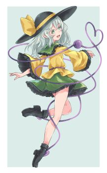 1girl black_hat black_shoes border bow commentary_request frilled_shirt frilled_shirt_collar frilled_skirt frills from_behind full_body green_background green_eyes green_hair green_skirt hat hat_bow hat_ribbon highres karua_m komeiji_koishi long_hair open_mouth outside_border ribbon shirt shoes simple_background skirt solo standing standing_on_one_leg third_eye touhou white_border yellow_bow yellow_ribbon yellow_shirt