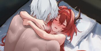 1boy 1girl arknights black_horns blush breath chromatic_aberration closed_eyes commentary commission cropped doctor_(arknights) english_commentary grey_hair hair_intakes head_on_pillow hetero highres horns hug long_hair lying male_doctor_(arknights) missionary mixed-language_commentary on_back on_bed open_mouth paid_reward_available pillow red_hair sex surtr_(arknights) sweat uof