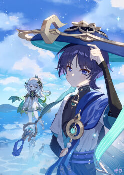 1boy 1girl anemo_symbol_(genshin_impact) aqua_gemstone arm_behind_back armlet armor arms_behind_back belt black_belt black_bodysuit black_bridal_gauntlets black_shorts bloomers blue_cape blue_hat blue_kimono blue_sky blue_sleeves blunt_ends bodysuit bridal_gauntlets cape closed_eyes closed_mouth clothing_cutout cloud cloudy_sky colored_inner_hair colored_tips covered_collarbone detached_sleeves eyelashes eyeliner eyeshadow facing_viewer feathers fingernails full_body gem genshin_impact gold gold_trim green_cape green_gemstone green_hair green_sleeves hair_between_eyes hair_ornament hand_up hat heart heart_hair_ornament highres hip_vent japanese_armor japanese_clothes jewelry jingasa juban kimono kote kurokote layered_sleeves leaf leaf_hair_ornament long_hair looking_at_viewer makeup mandarin_collar mountainous_horizon multicolored_hair nahida_(genshin_impact) narasei ocean open_clothes open_kimono outdoors parted_bangs pointy_ears pom_pom_(clothes) purple_eyes purple_hair purple_rope purple_sash red_eyeliner red_eyeshadow reflection reflective_water ripples rope sash scaramouche_(genshin_impact) short_sleeves shorts shoulder_peek side_ponytail sidelocks sky smile socks sparkle standing standing_on_liquid standing_on_one_leg toeless_socks toes tsurime two-sided_fabric two-sided_headwear underwear upper_body vision_(genshin_impact) wanderer_(genshin_impact) white_bloomers white_hair white_kimono white_sleeves white_socks white_trim wispy_bangs yellow_feathers