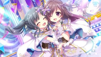 2girls ;d banner black_hair bow brown_corset brown_hair capelet closed_eyes concert corset dot_nose dress dutch_angle film_grain frilled_dress frills game_cg hair_bow hair_over_one_eye hair_ribbon holding holding_microphone idol idol_clothes itsumura_yukari izumi_tsubasu long_hair looking_at_another medium_hair microphone mizushino_sono multiple_girls non-web_source official_art one_eye_closed open_mouth outstretched_arm pillar purple_bow purple_eyes purple_ribbon re:stage! ribbon screen sidelocks single_wrist_cuff smile sparkle stage stage_lights striped_bow tile_floor tiles twintails white_capelet white_dress white_wrist_cuffs wrist_cuffs